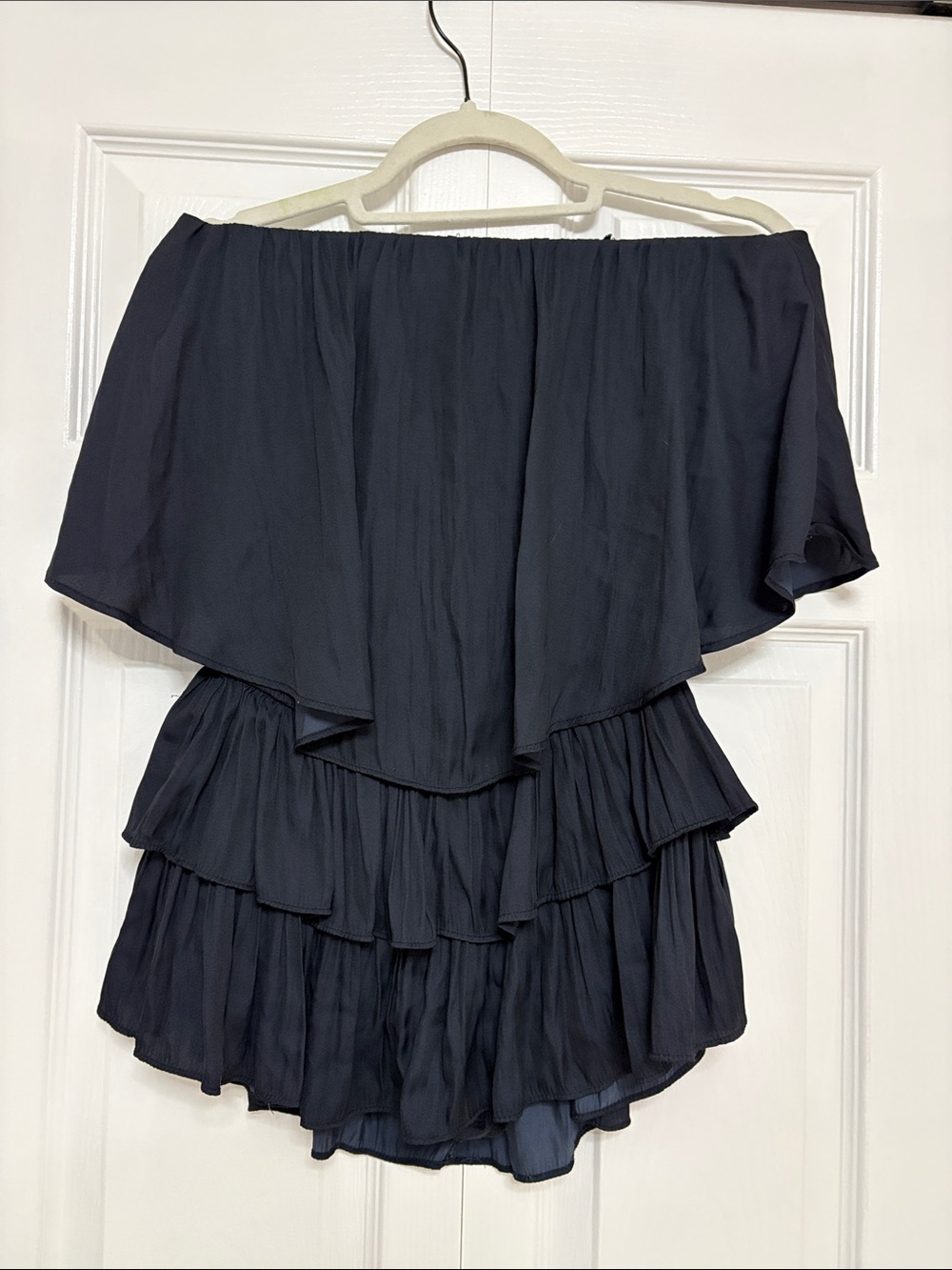 Off-Shoulder Tiered Ruffle romper  in Navy